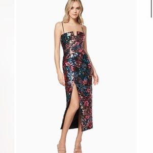 current season Elliatt honeymoon sequin midi floral dress